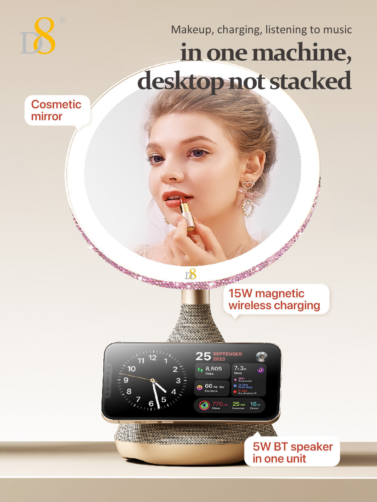 D8 Magnetic Vanity Mirror – 15W Wireless Charger, LED Light, Bluetooth Speaker for iPhone