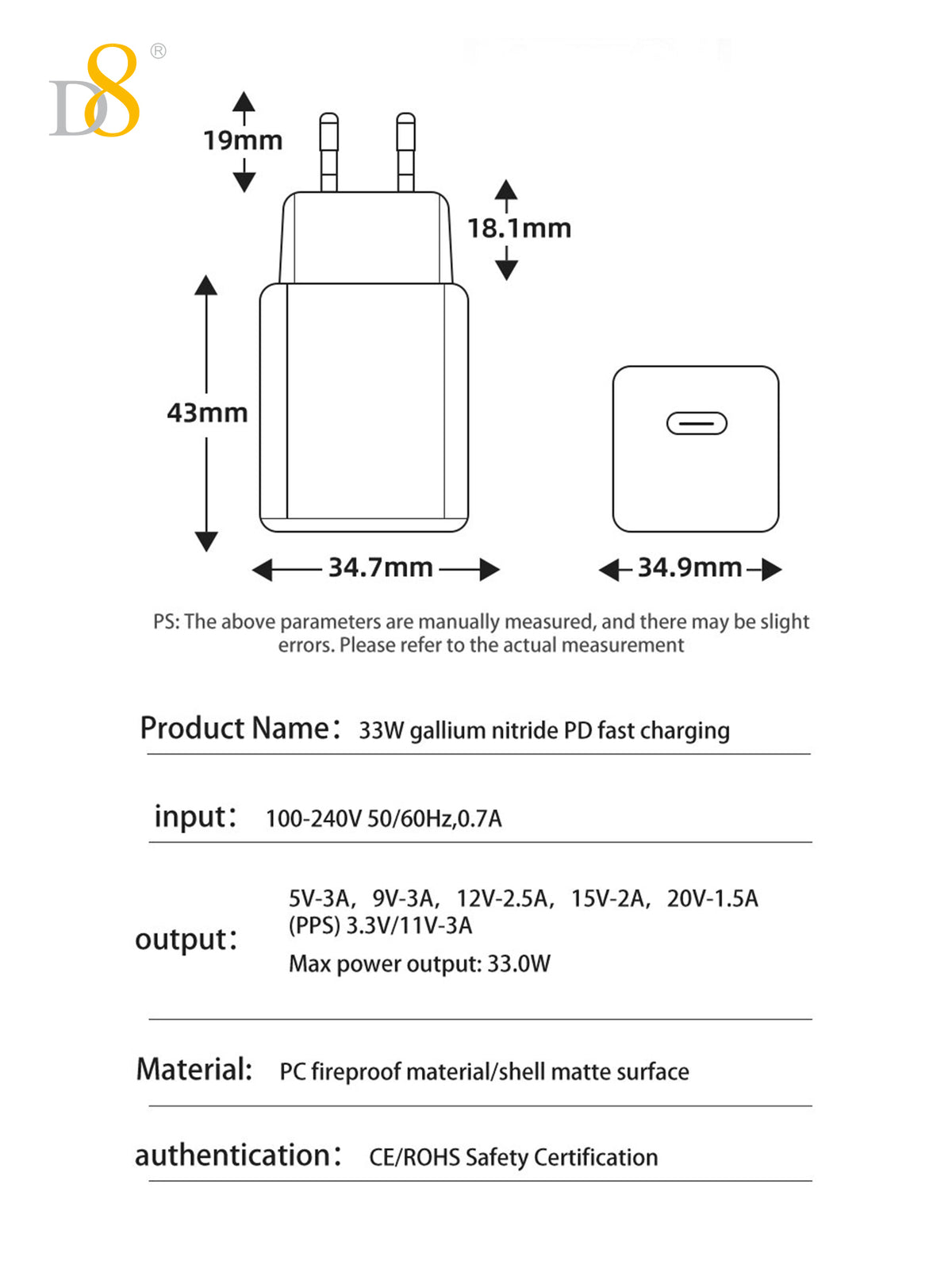 D8 33W USB-C Wall Charger – Fast Charging for iPhone & MacBook