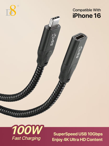 D8 USB 3.1 Type-C Extension Cable – 10Gbps, 4K Ultra HD Support for iPhone, iPad, MacBook