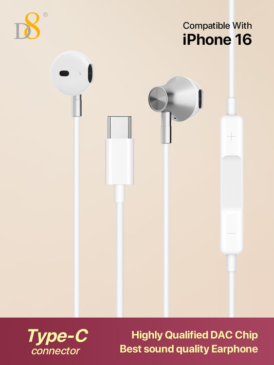 D8 Type-C Earbuds – In-Ear Headphones with Microphone & Volume Control for iPhone, iPad, Galaxy