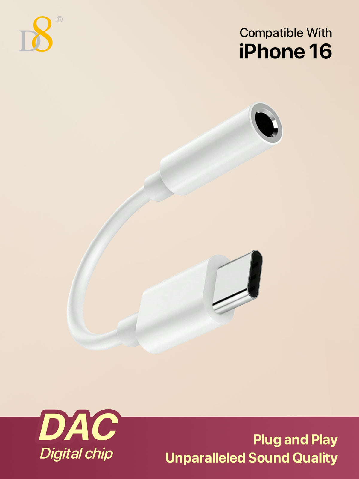 D8 USB-C to 3.5mm Audio Adapter – DAC Stereo + Mic Dongle for iPhone 16, Galaxy S23, iPad Pro