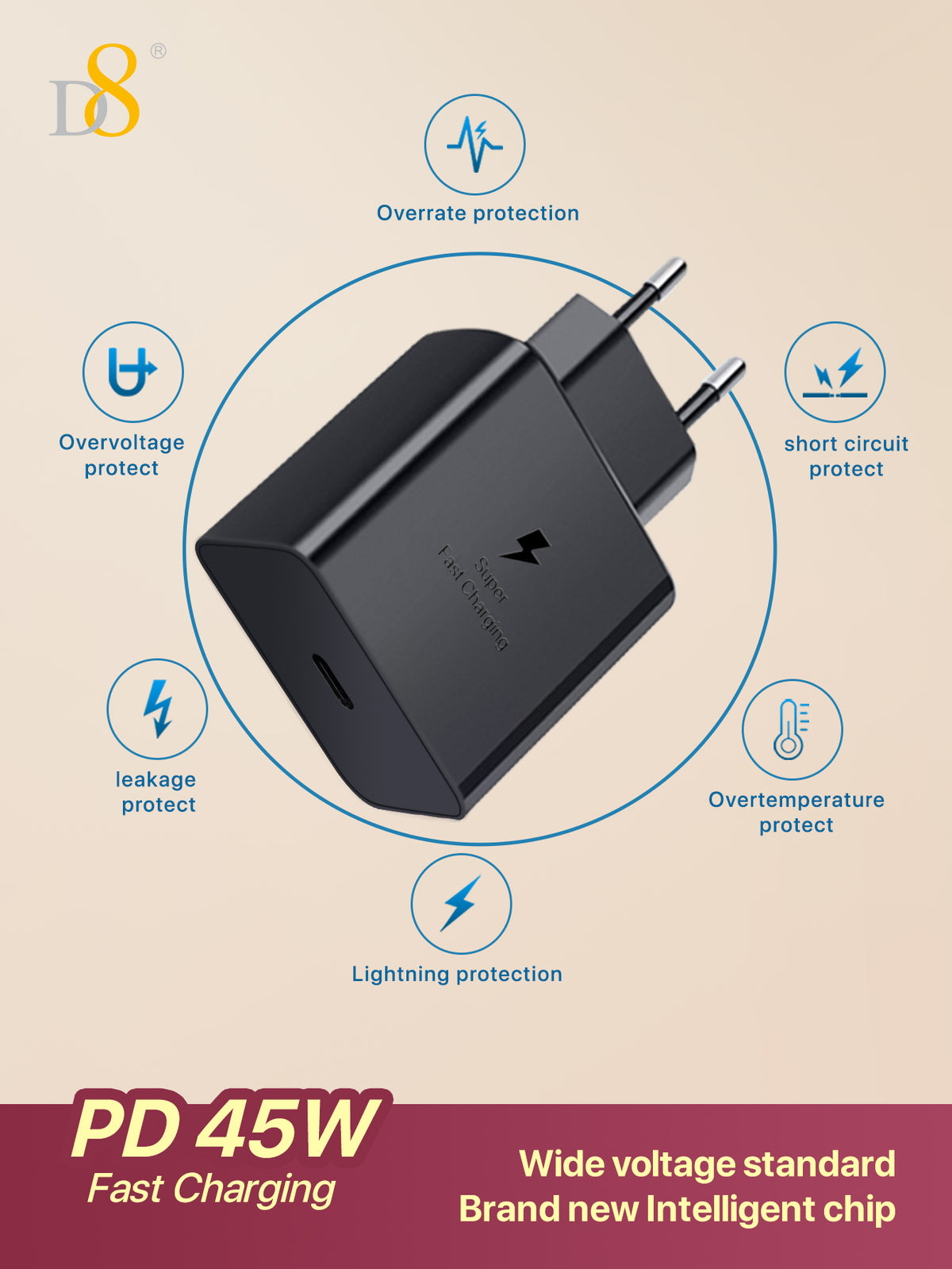 D8 45W USB-C Wall Charger – Fast Charging for iPhone, MacBook, iPad, Samsung
