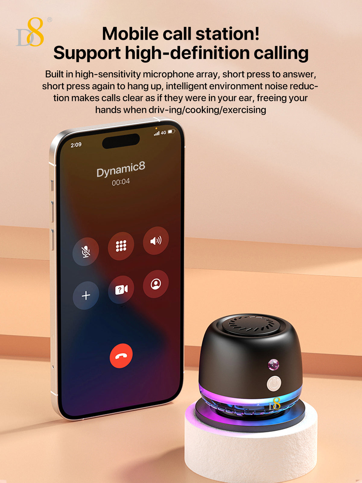 D8 Magnetic Bluetooth Speaker – 10H Playtime, RGB Light, Foldable Phone Stand