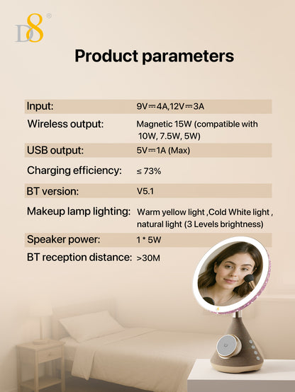 D8 Magnetic Vanity Mirror – 15W Wireless Charger, LED Light, Bluetooth Speaker for iPhone