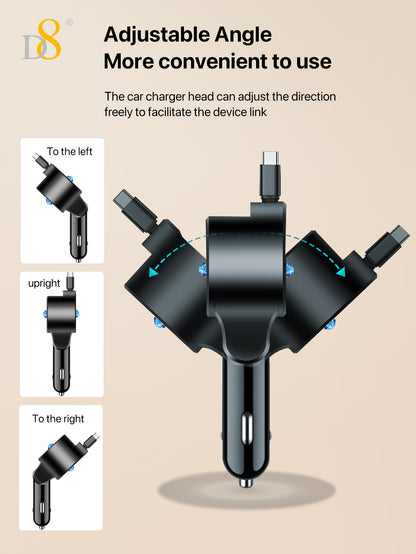 D8 3-in-1 Retractable Car Charger – 30W PD & QC3.0 Fast Charging for iPhone, Samsung, iPad