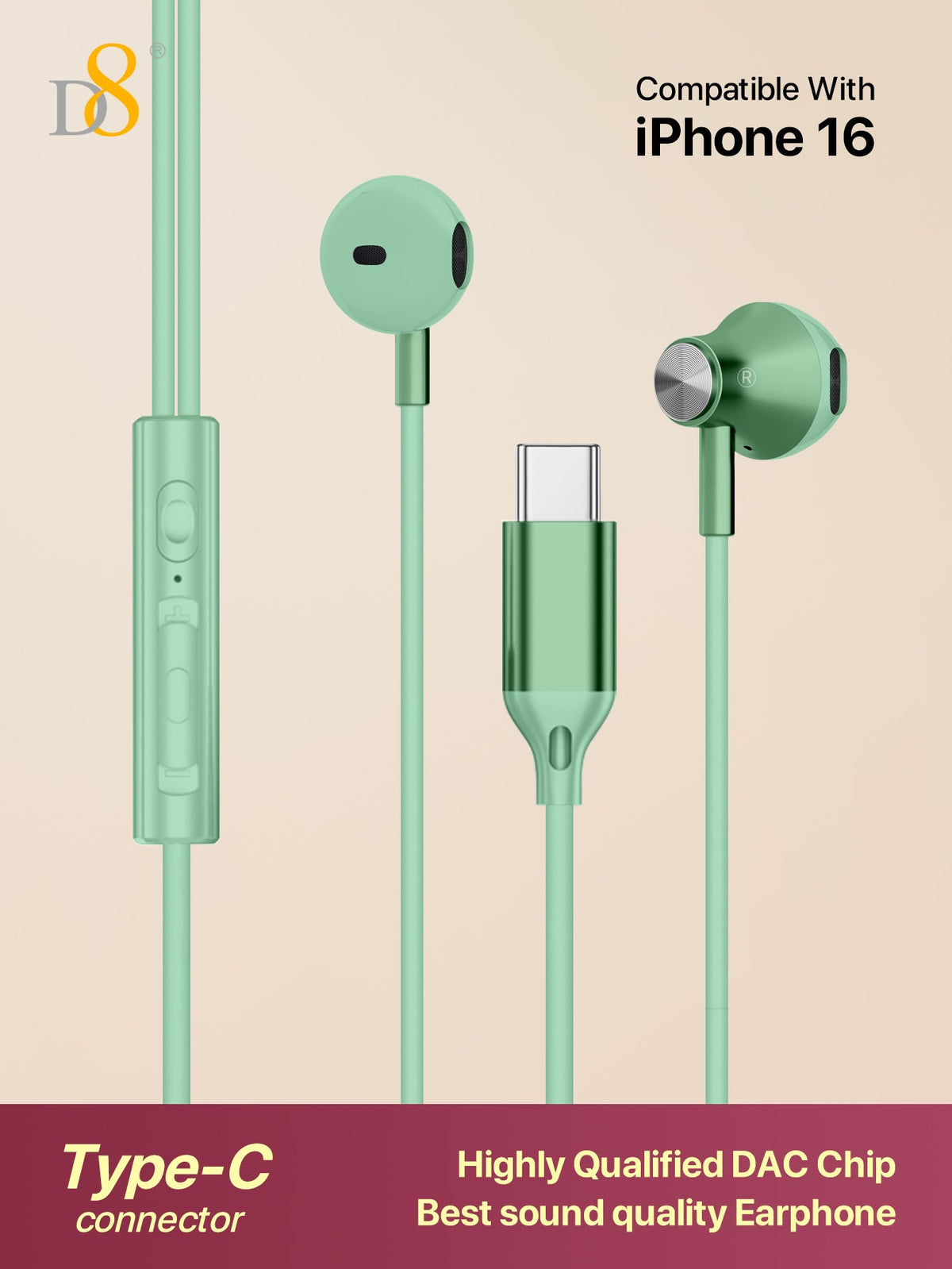 D8 USB-C In-Ear Headphones, Mic & Volume Control for iPhone/Galaxy/iPad