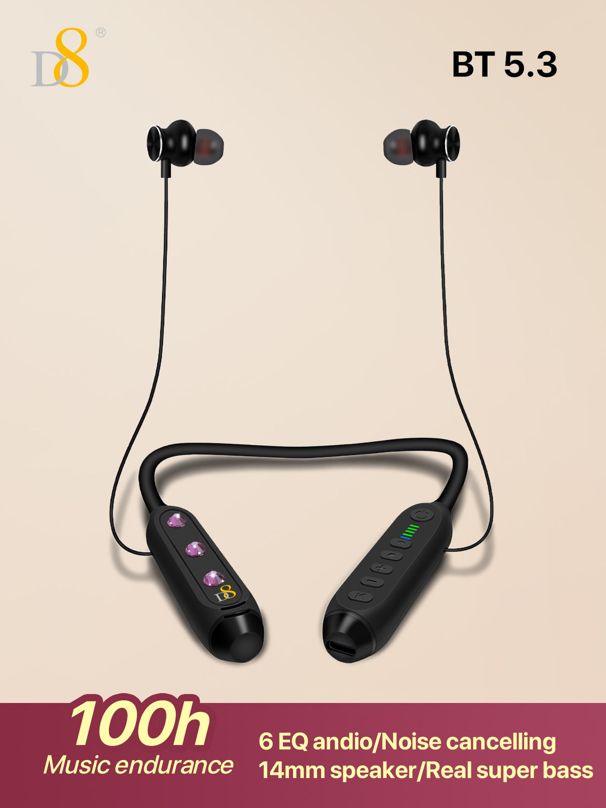 D8 Neckband Wireless Headphones – 100H Bluetooth, Waterproof, Mic