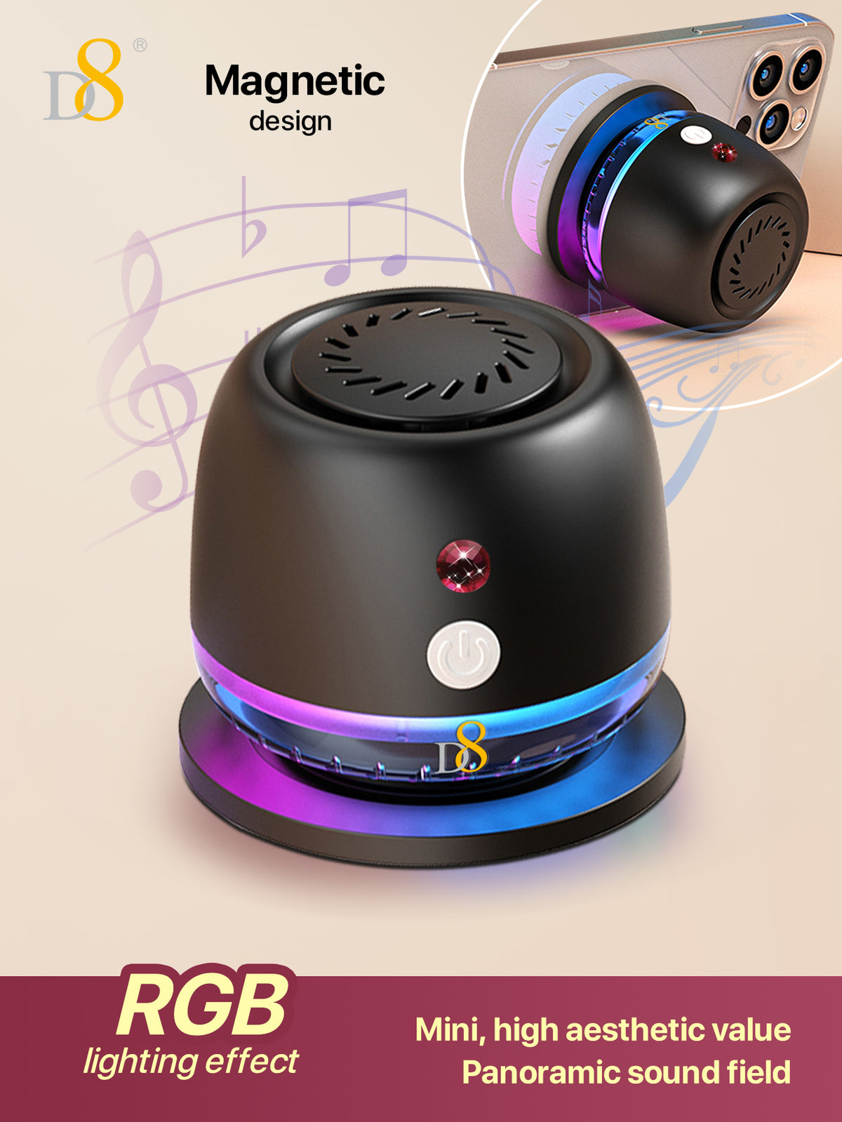 D8 Magnetic Bluetooth Speaker – 10H Playtime, RGB Light, Foldable Phone Stand