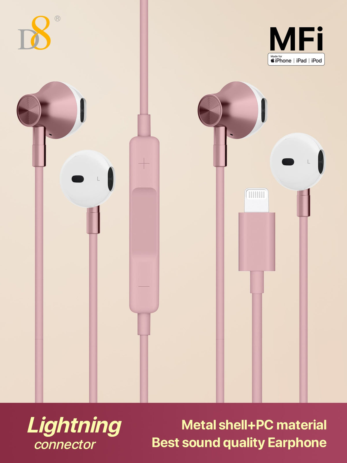 D8 Wired In-Ear Headphones Lightning Connector Sound Isolating MFi Certified