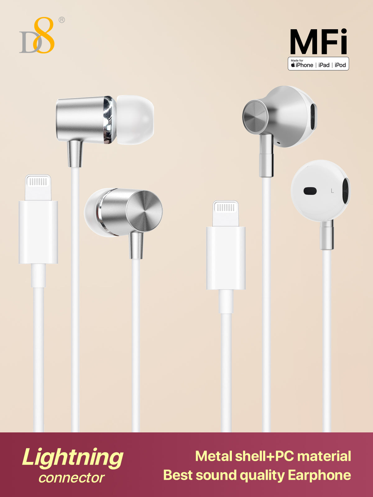 D8 MFi Certified Lightning Earbuds (2-Pack) – With Mic & Controller for iPhone