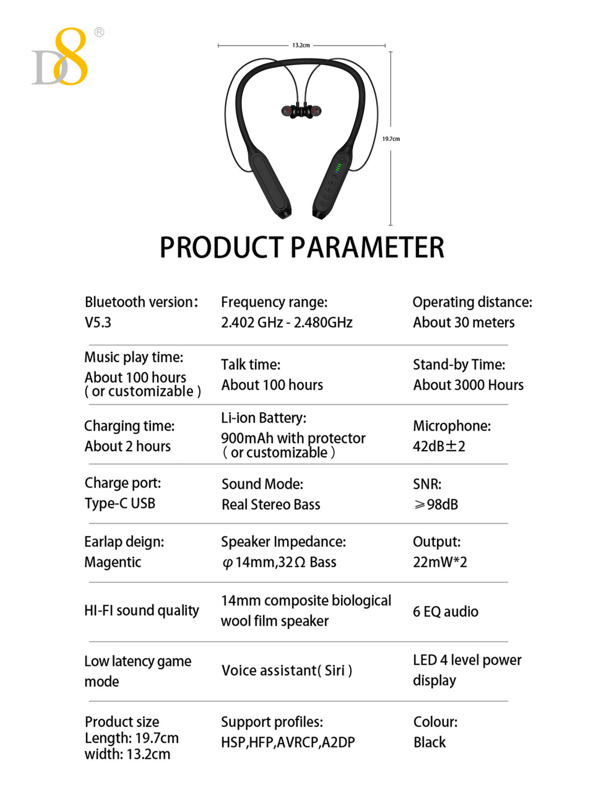D8 Neckband Wireless Headphones – 100H Bluetooth, Waterproof, Mic