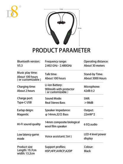 D8 Neckband Wireless Headphones – 100H Bluetooth, Waterproof, Mic