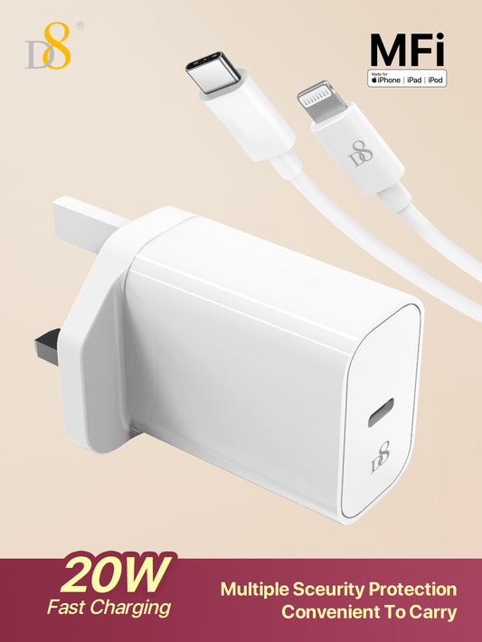 D8 20W PD USB-C Wall Charger + 3.3FT Cable – MFi Certified Fast Charging for iPhone & iPad