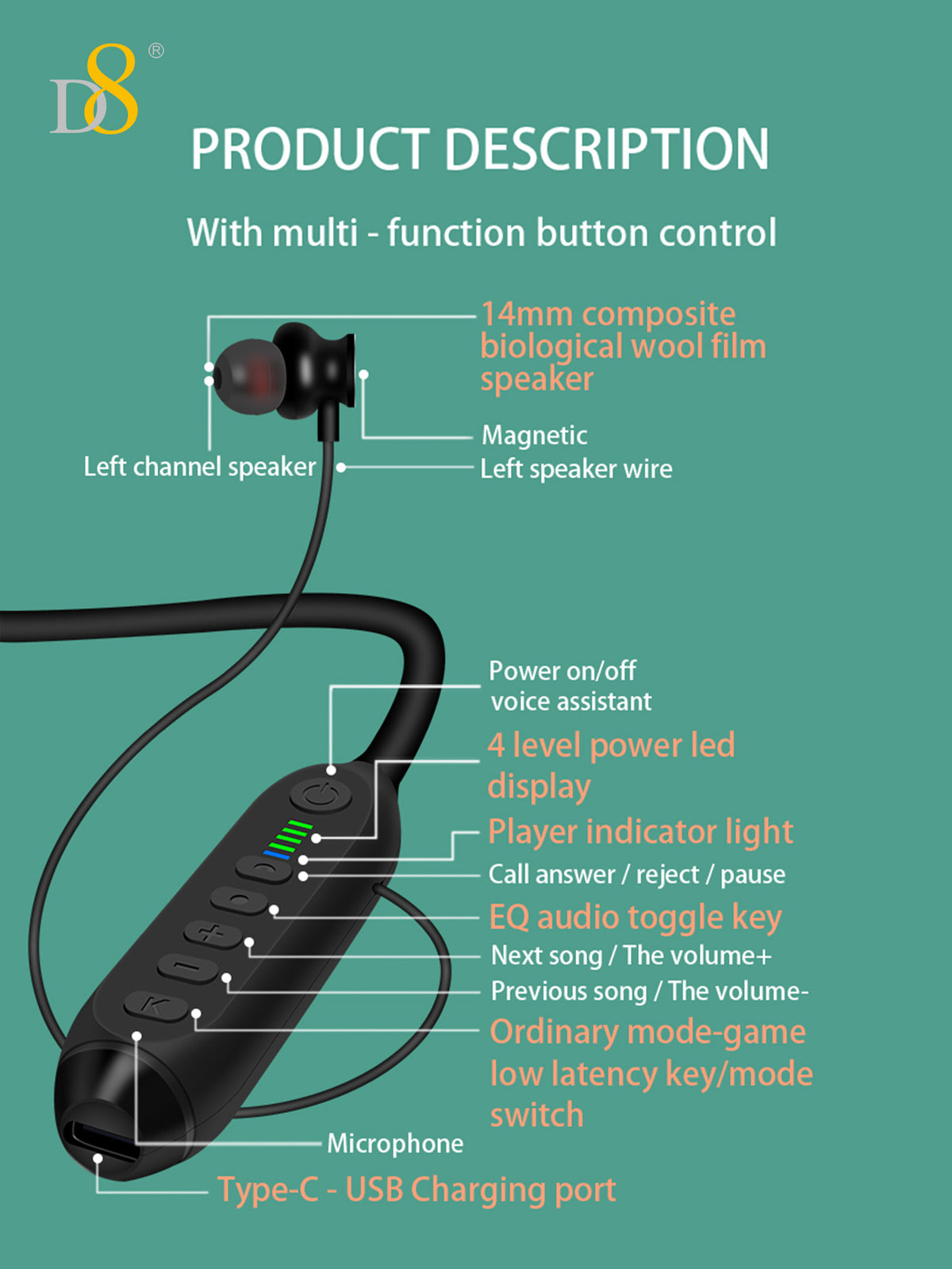 D8 Neckband Wireless Headphones – 100H Bluetooth, Waterproof, Mic
