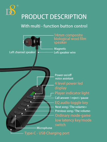 D8 Neckband Wireless Headphones – 100H Bluetooth, Waterproof, Mic