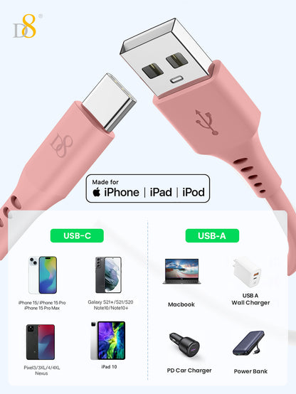 D8 USB-C Charging Cable – 3A Fast Charge, 3.3ft Soft Silicone, USB-A to Type-C
