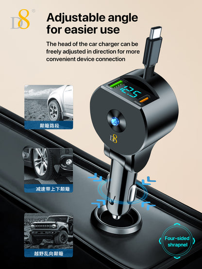 D8 3-in-1 Retractable Car Charger – 30W PD & QC3.0 Fast Charging for iPhone, Samsung, iPad