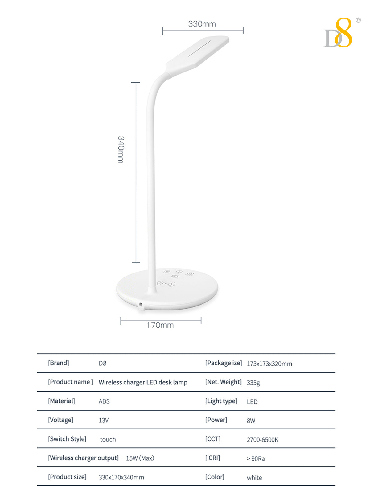 Wireless Charging LED Desk Lamp - Touch Dimmable, 15W Output