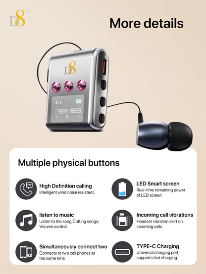 D8 Retractable Wireless Headset – 20H Talk Time, Noise-Canceling Mic, Clip-On for Driving & Workouts