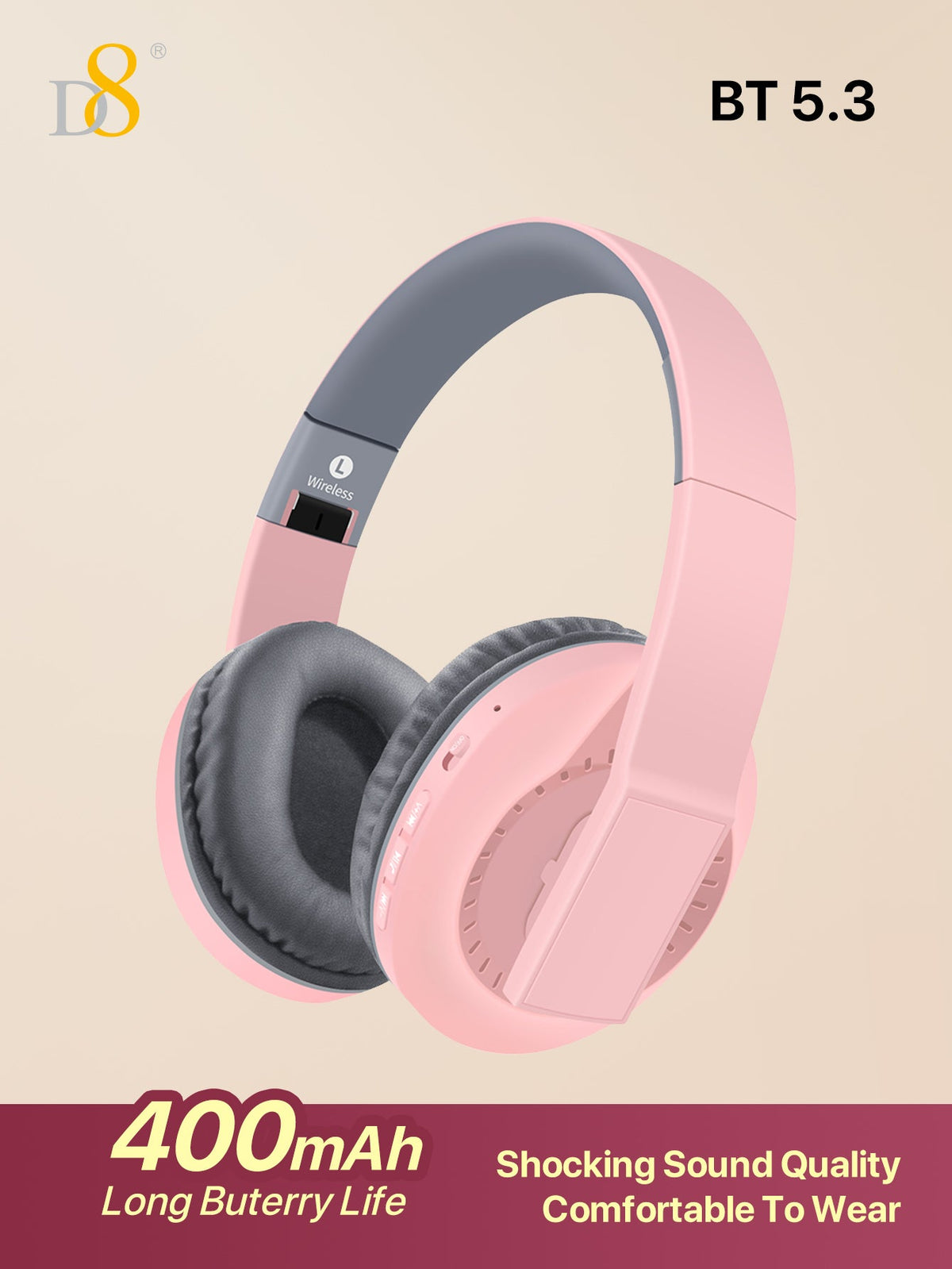 D8 Foldable Over-Ear Headphones, Wireless/Wired, Mic, Deep Bass, 10H Playtime