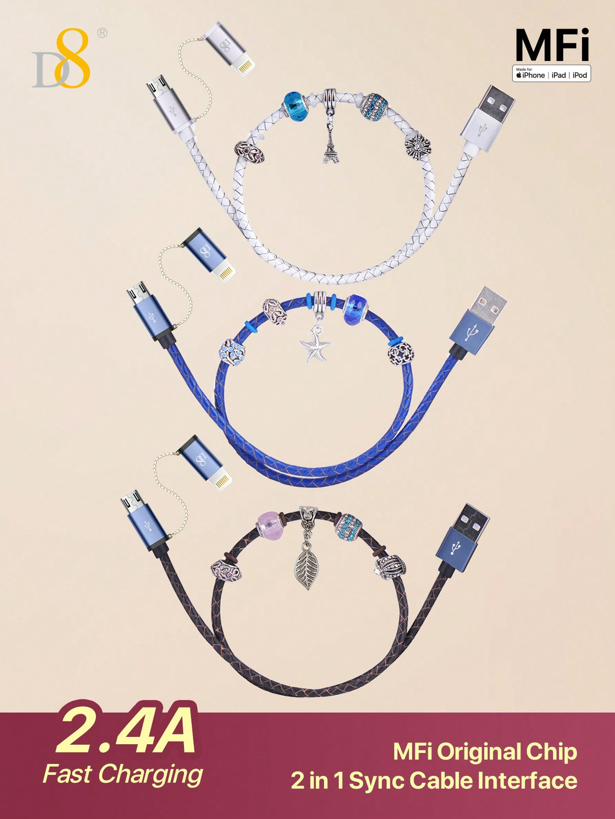 
Dynamic8 Apple MFi certified beaded handmade 2-in-1 cable for iPhone and iPad
