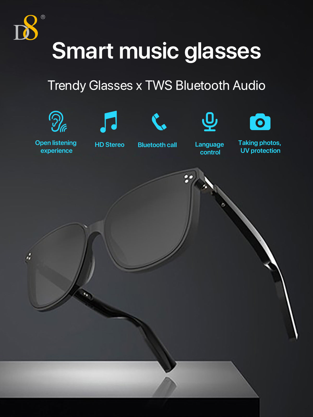 D8 hand-applied diamonds Smart Wireless Glasses,(Music&Call) for Smart Devices ，for Men&Women，Connect Mobile Phones & Tablets，When you Cycling,play gaming,enjoy music or call, Holiday Gift Valentine's Day Gift Christmas Gifts,Must-Haves For Autumn