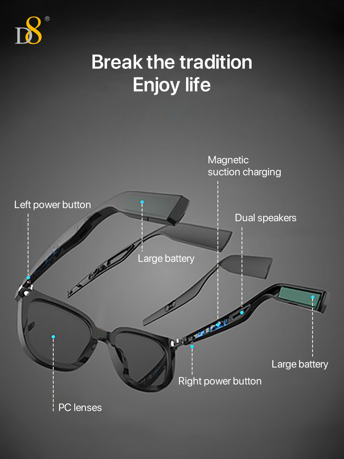 D8 hand-applied diamonds Smart Wireless Glasses,(Music&Call) for Smart Devices ，for Men&Women，Connect Mobile Phones & Tablets，When you Cycling,play gaming,enjoy music or call, Holiday Gift Valentine's Day Gift Christmas Gifts,Must-Haves For Autumn