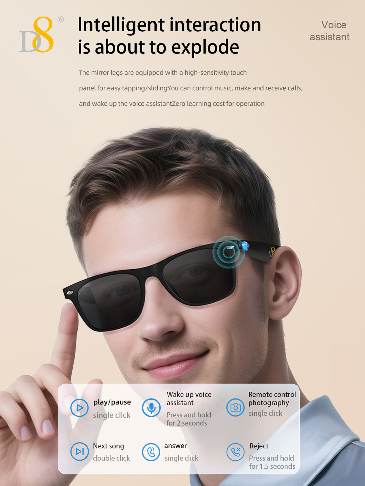 D8 Smart Bluetooth Glasses UV400 Voice Control