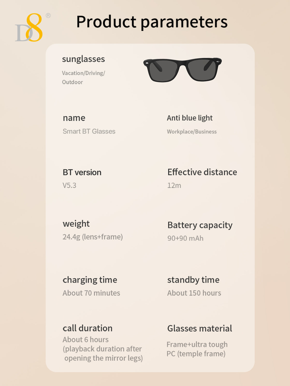 D8 Smart Bluetooth Glasses UV400 Voice Control