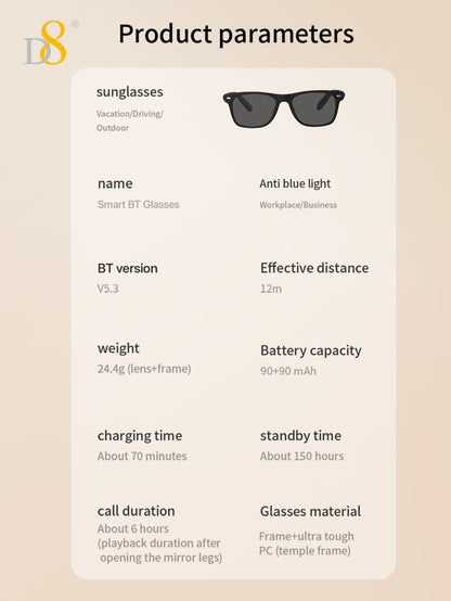 D8 Smart Bluetooth Glasses UV400 Voice Control