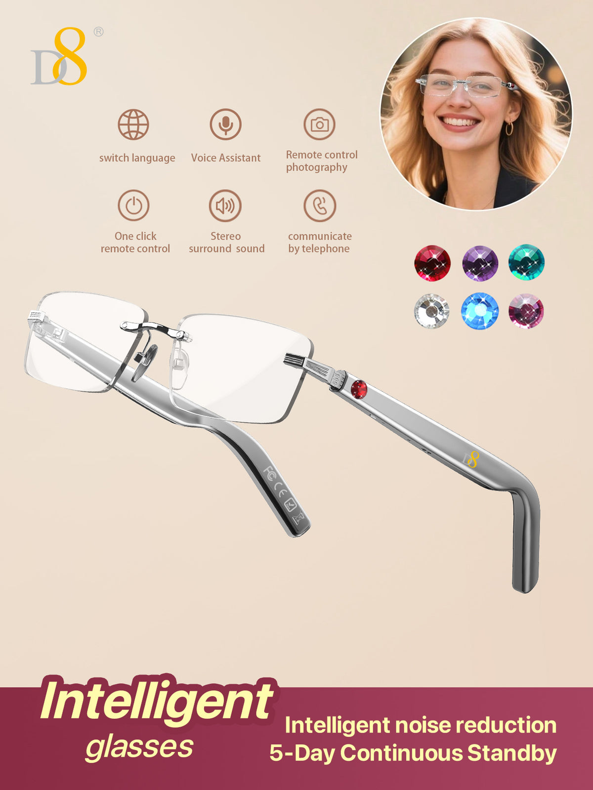D8 Smart Bluetooth Glasses – Women’s Photochromic Blue Light Office Reading Glasses