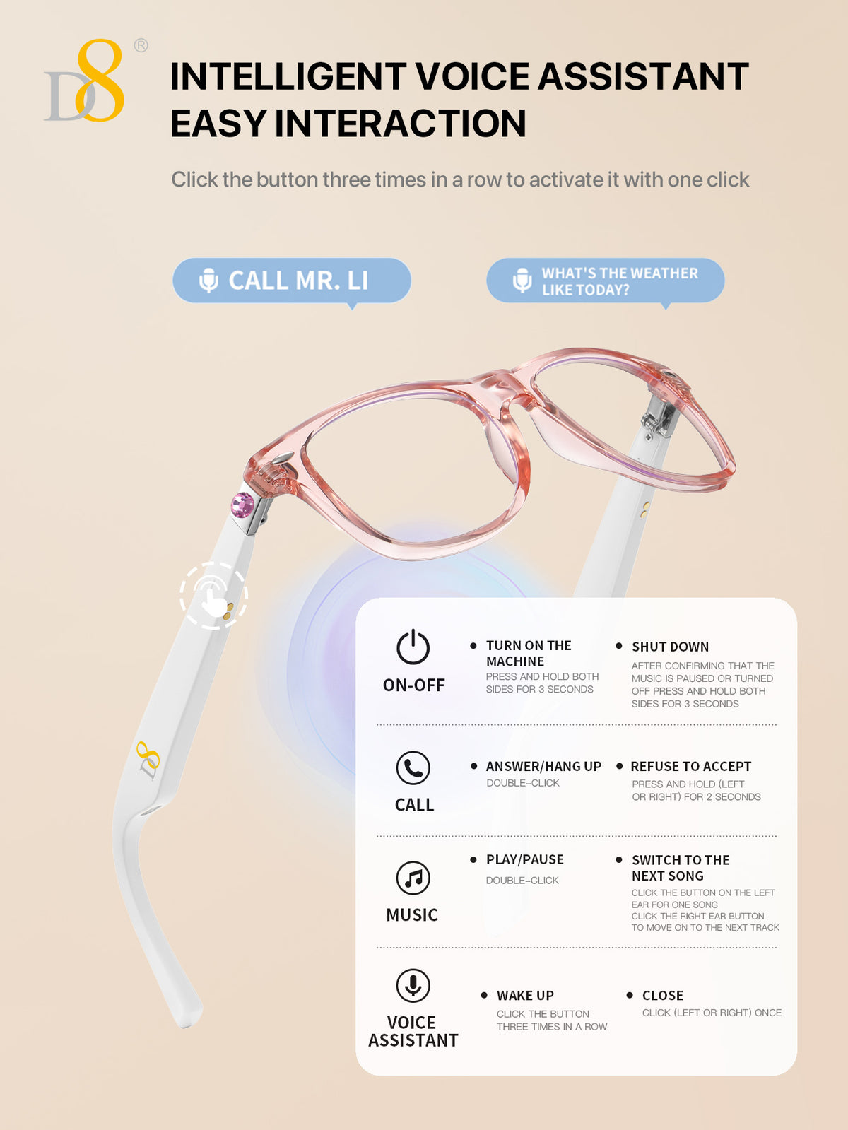 D8 Women’s Smart Bluetooth Glasses – Photochromic Blue Light UV Protection