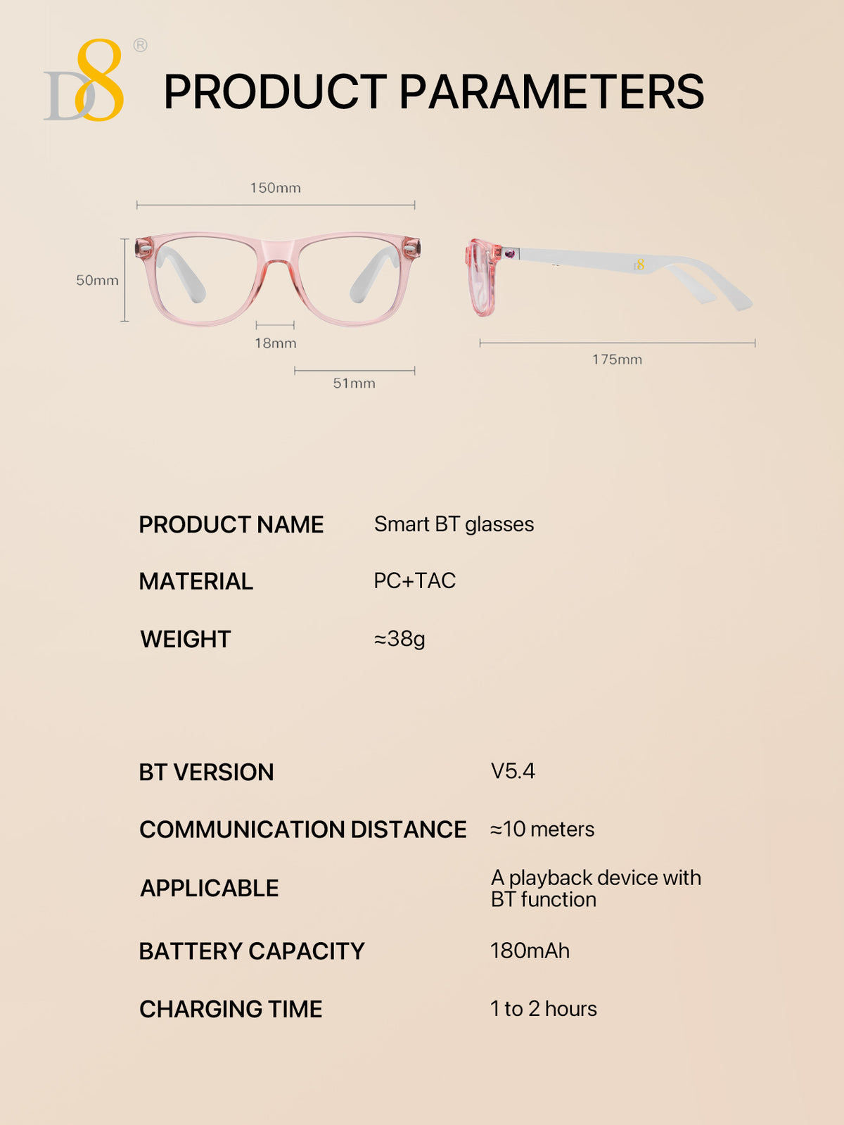 D8 Women’s Smart Bluetooth Glasses – Photochromic Blue Light UV Protection