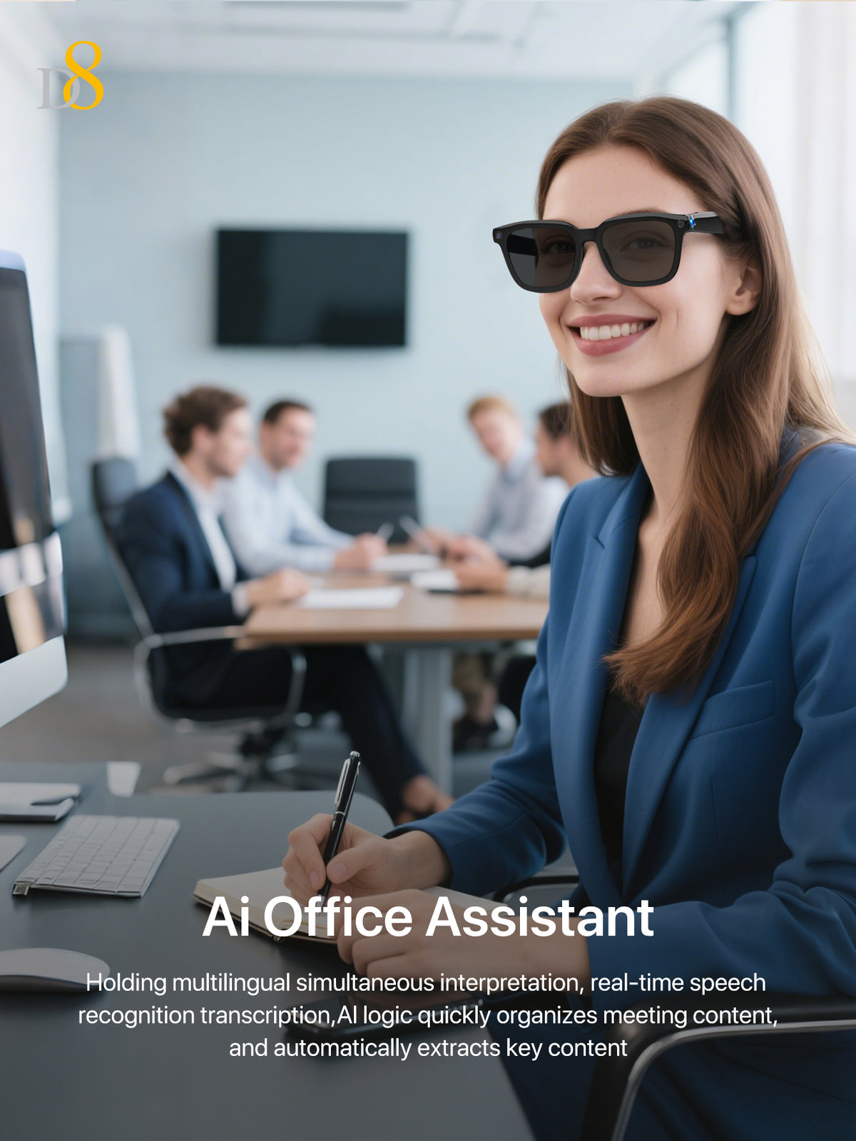 D8 AI Translation Smart Glasses – 110 Languages, UV Audio, Business Travel Edition