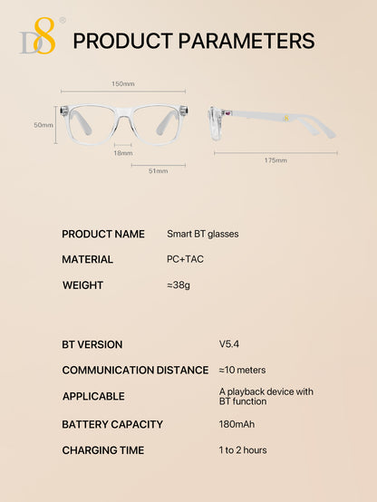 D8 Smart Bluetooth Glasses – Women’s Photochromic Blue Light Office Reading Edition