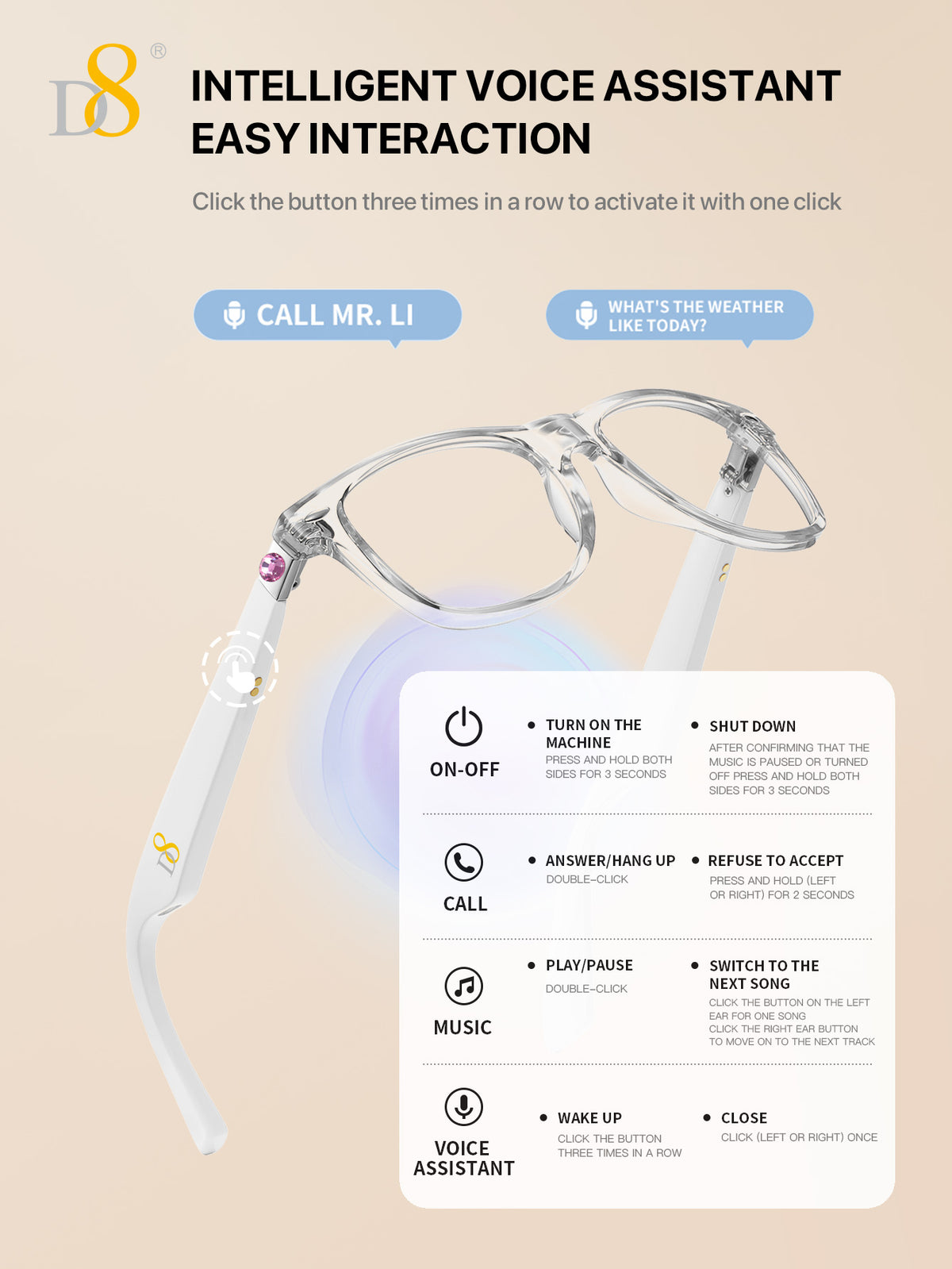 D8 Smart Bluetooth Glasses – Women’s Photochromic Blue Light Office Reading Edition