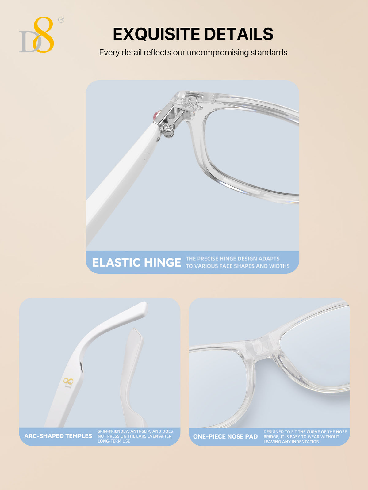 D8 Smart Bluetooth Glasses – Women’s Photochromic Blue Light Office Reading Edition
