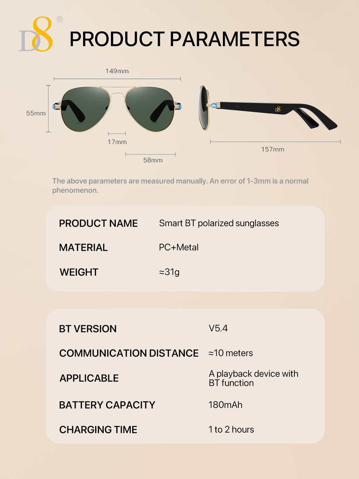 D8 Smart Bluetooth Glasses UV400 Voice Control (Black)
