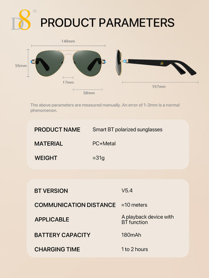D8 Smart Bluetooth Glasses UV400 Voice Control (Black)