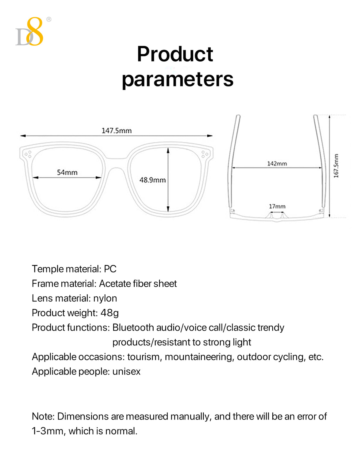 D8 hand-applied diamonds Smart Wireless Glasses,(Music&Call) for Smart Devices ，for Men&Women，Connect Mobile Phones & Tablets，When you Cycling,play gaming,enjoy music or call, Holiday Gift Valentine's Day Gift Christmas Gifts,Must-Haves For Autumn