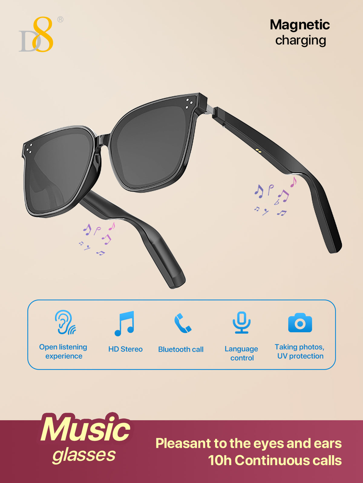 D8 hand-applied diamonds Smart Wireless Glasses,(Music&Call) for Smart Devices ，for Men&Women，Connect Mobile Phones & Tablets，When you Cycling,play gaming,enjoy music or call, Holiday Gift Valentine's Day Gift Christmas Gifts,Must-Haves For Autumn
