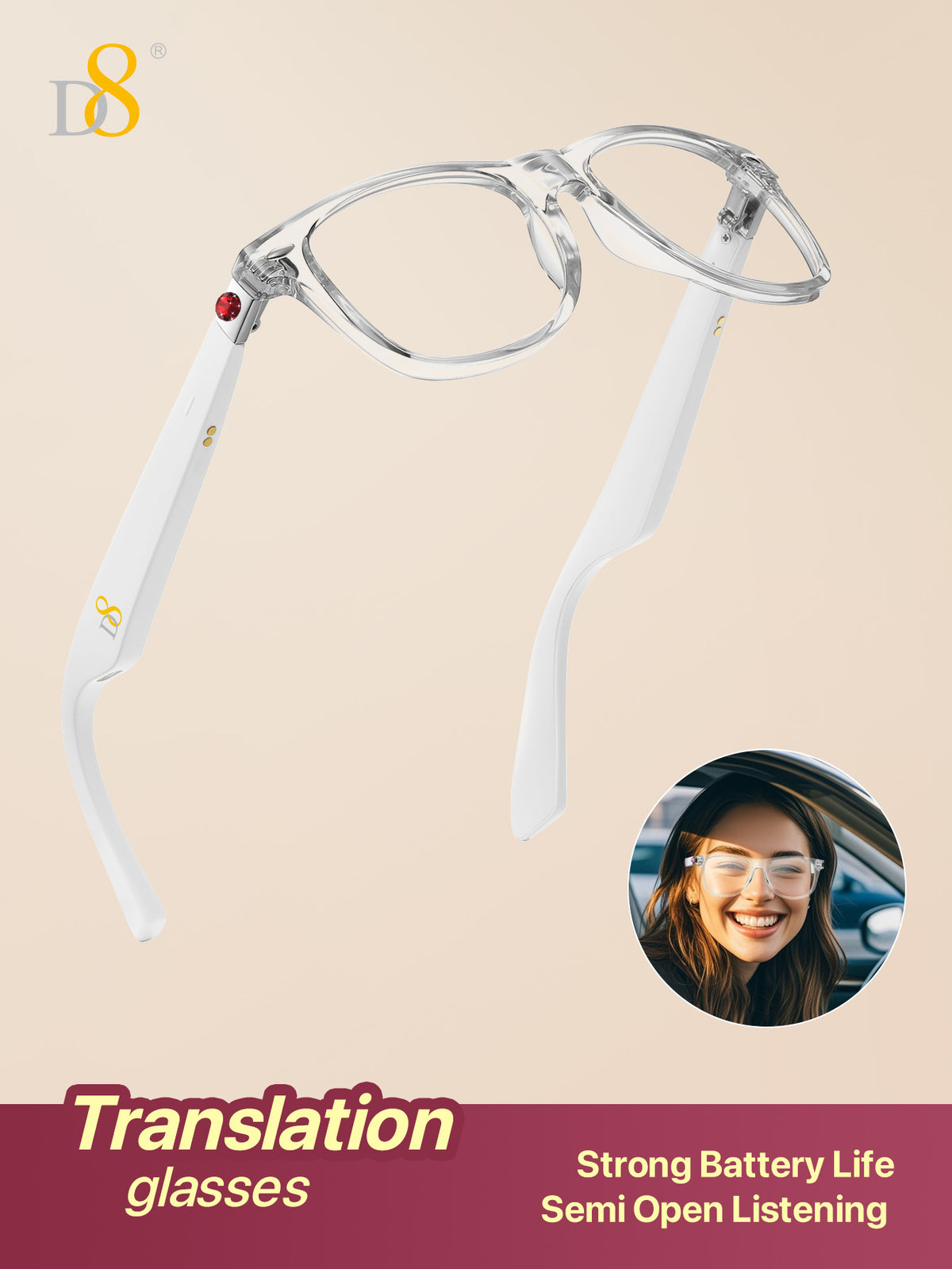 D8 Smart Bluetooth Glasses – Women’s Photochromic Blue Light Office Reading Edition