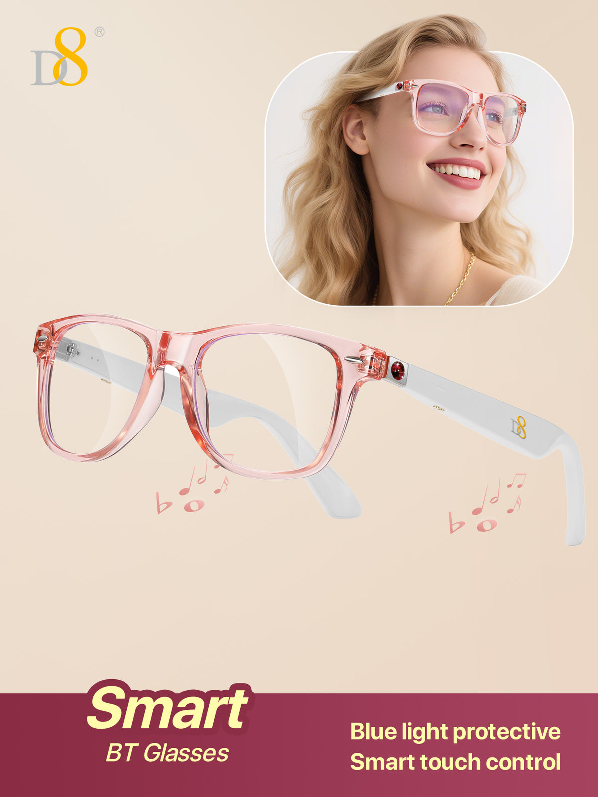 D8 Women’s Smart Bluetooth Glasses – Photochromic Blue Light UV Protection