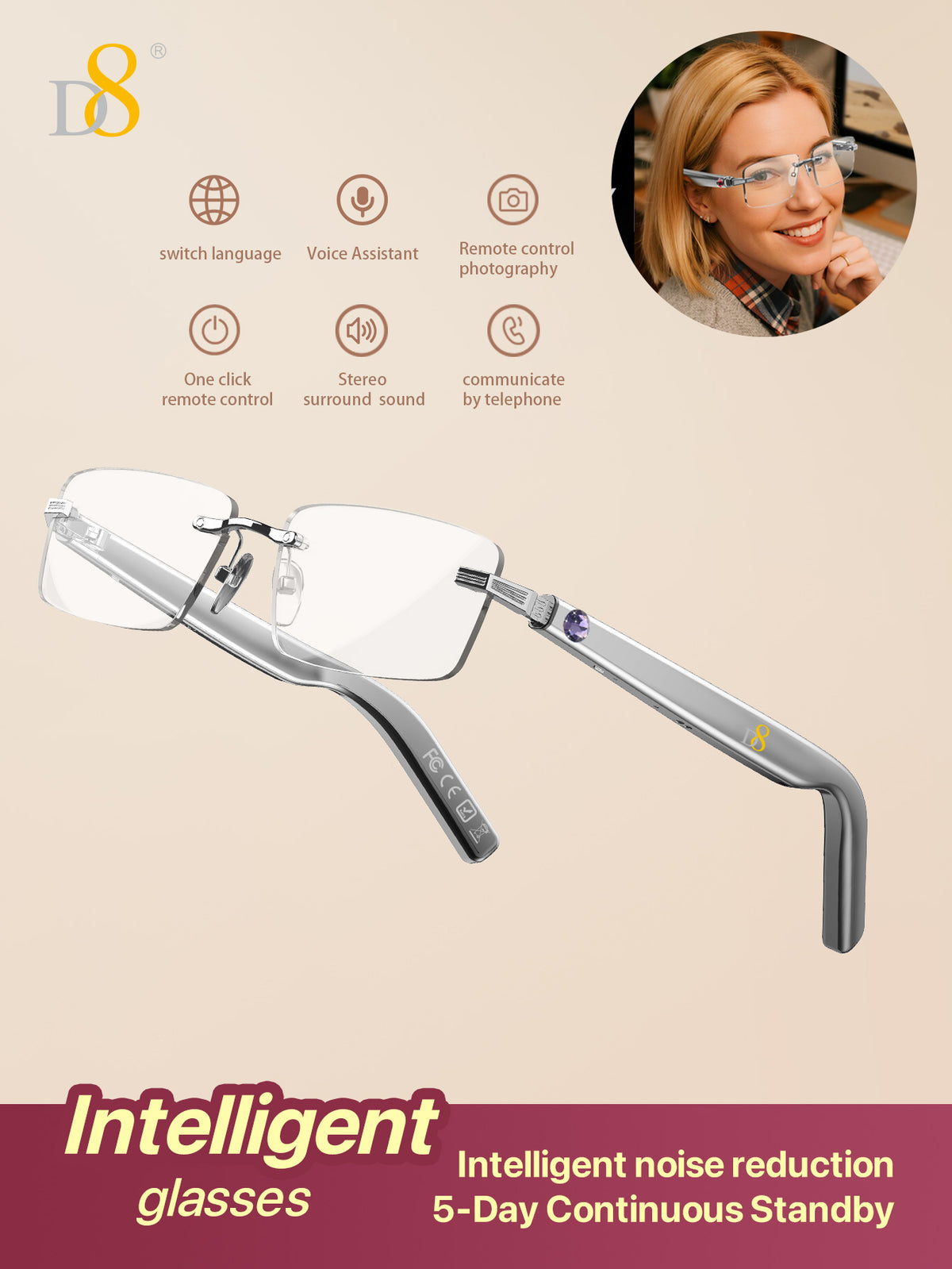 D8 Smart Bluetooth Glasses – Women’s Photochromic Blue Light Office Reading Glasses