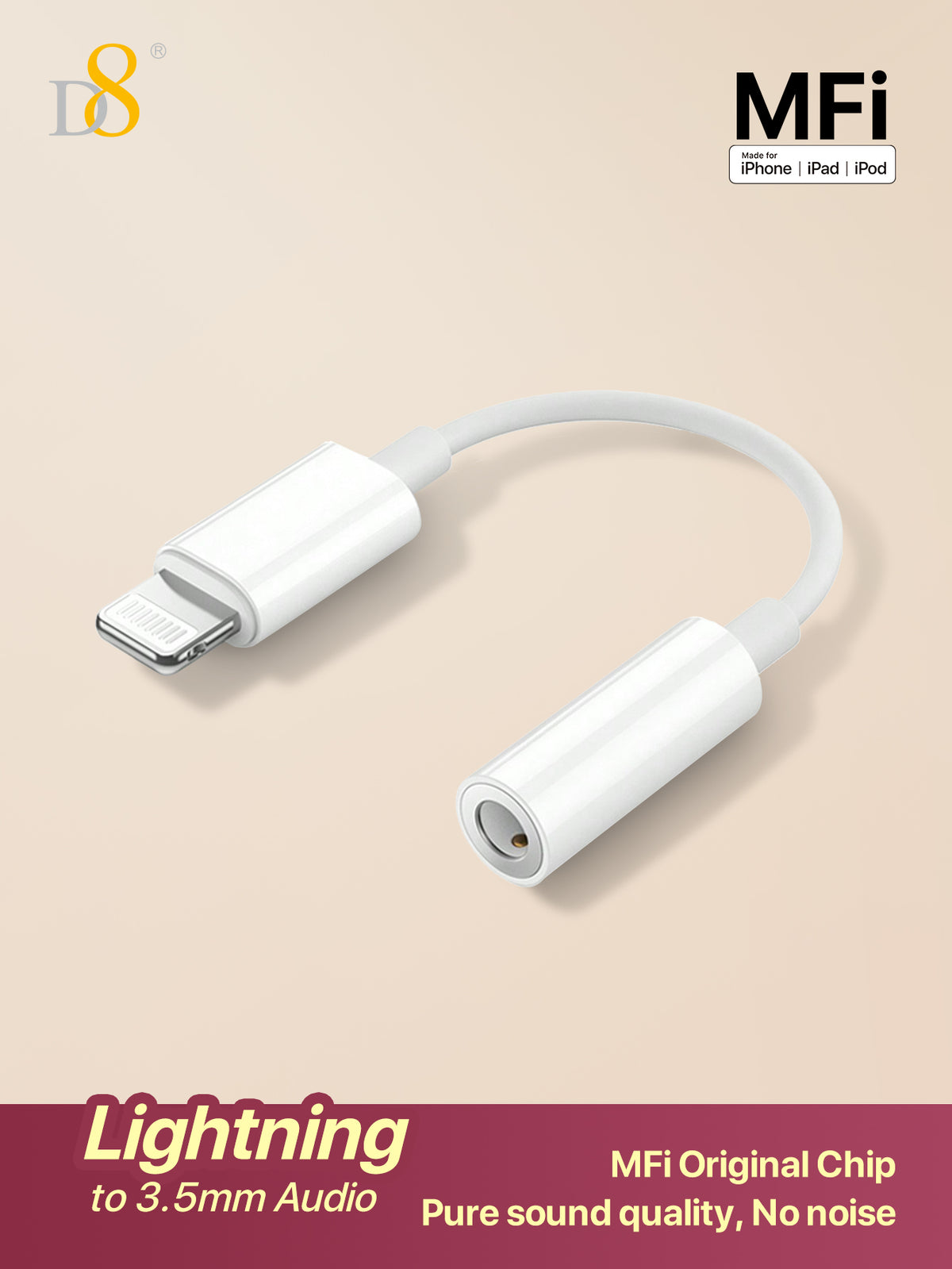 D8 3.5mm Audio + Charger Cable Adapter for iPhone – 2-in-1 Lightning Dongle for iPhone 15/14/13/12