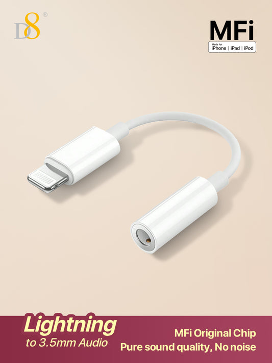 D8 3.5mm Audio + Charger Cable Adapter for iPhone – 2-in-1 Lightning Dongle for iPhone 15/14/13/12