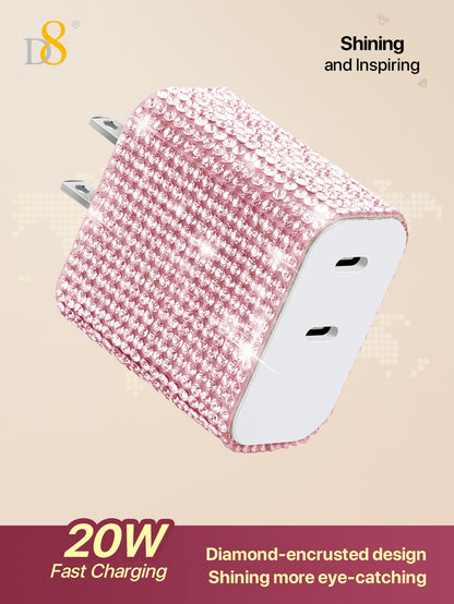 D8 20W USB-C Wall Charger, Dual Port PD Fast Charge, Crystal Design, iPhone/Galaxy