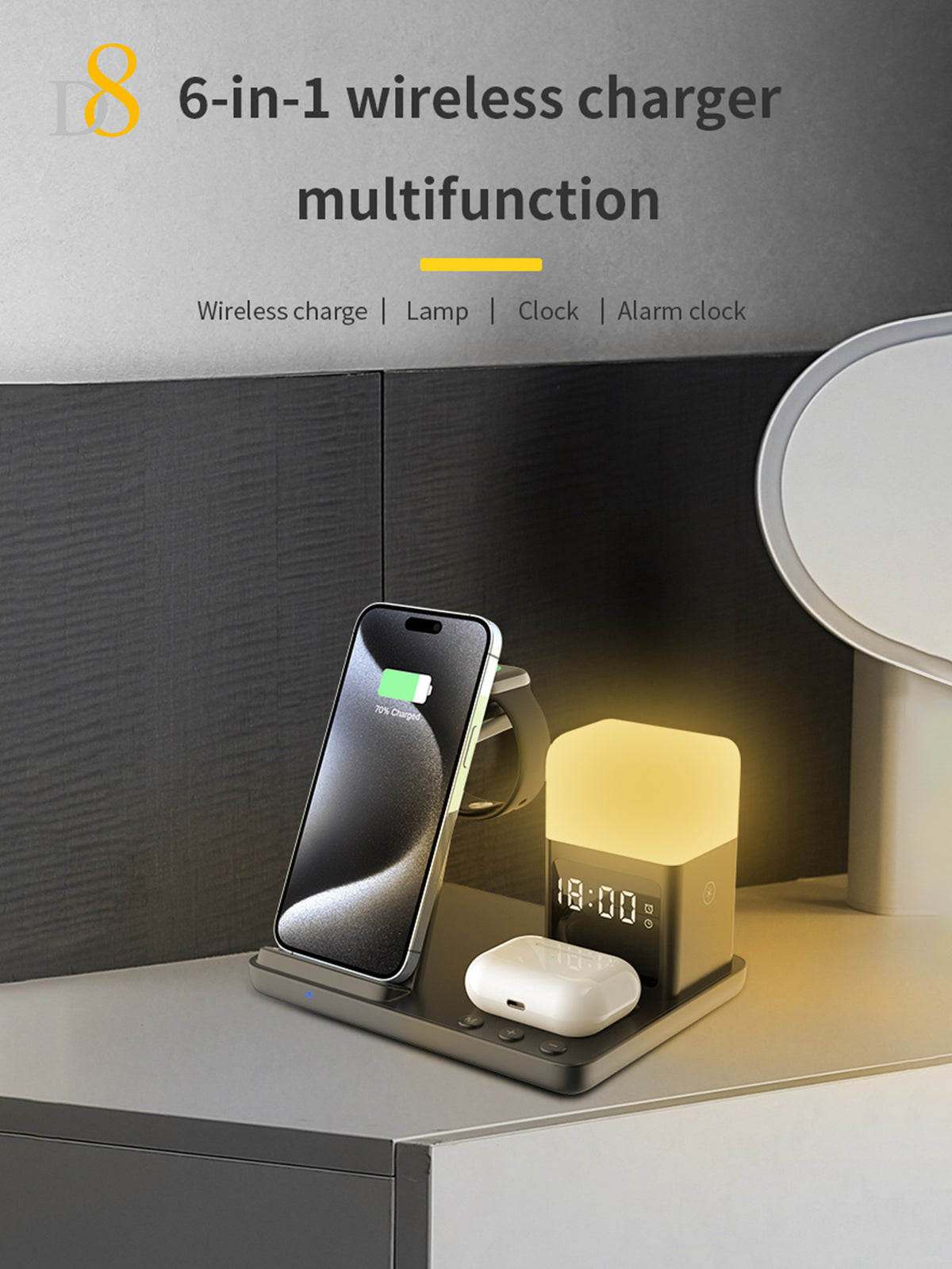 D8 3-in-1 Wireless Charging Station – Fast Charger for iPhone, Apple Watch, AirPods