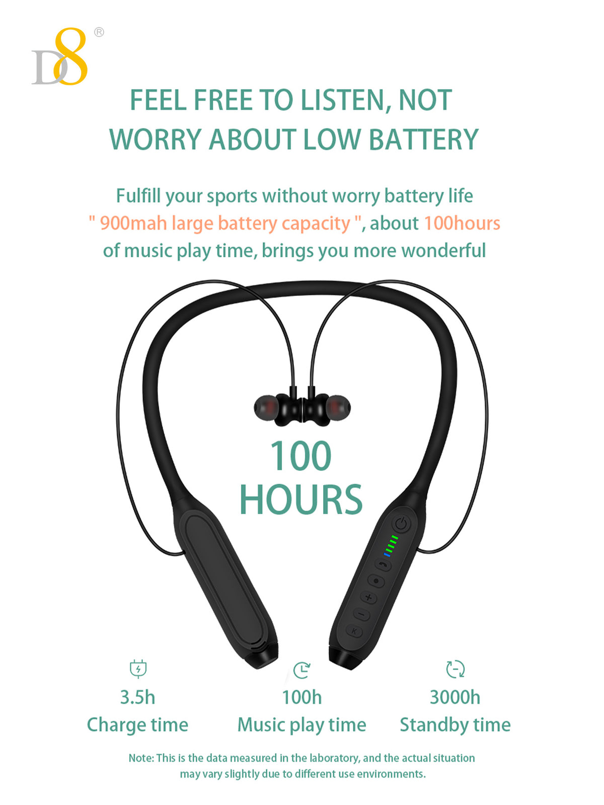 D8 Neckband Wireless Headphones – 100H Bluetooth, Waterproof, Mic