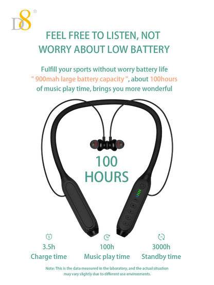 D8 Neckband Wireless Headphones – 100H Bluetooth, Waterproof, Mic